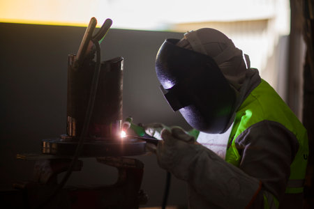 Man works on metal welding steel using electric welding machine to weld.の写真素材