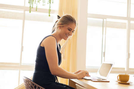 Young woman working at home from her living room couch with laptop on her lap. Home office concept. Gray notebook for working. Home office concept. high quality photoの写真素材