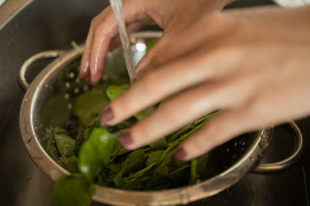 Happy and healthy young woman meal prepping whole vegetarian meal in the kitchen. High quality photo. Feel good, healthy and health concept.の写真素材