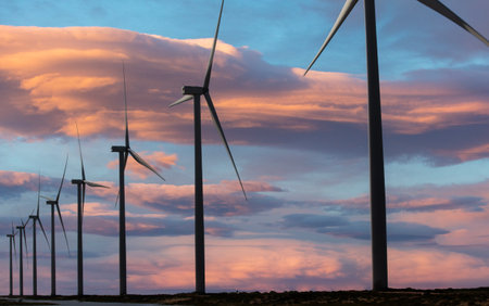 wind turbines farm, wind power generation equipment, clean energy concept, renewable energyの写真素材