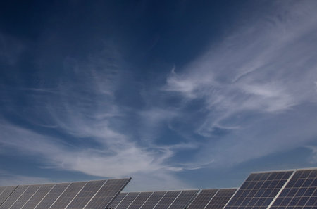 Solar panels power generation equipment, in the sun rays, solar panel with sunlight and sky...