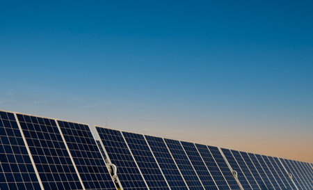 Solar panels power generation equipment, in the sun rays, solar panel with sunlight and sky background. concept clean energy power in natureの写真素材