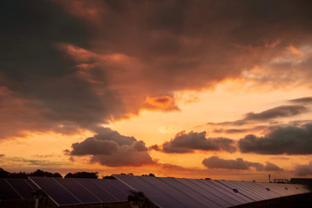 Solar panels power generation equipment, in the sun rays, solar panel with sunlight and sky background. concept clean energy power in natureの写真素材