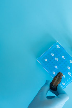 Production line pharmaceutical industry. Manufacturing of drugs and medications, pharmaceuticals. laboratory glovesの写真素材