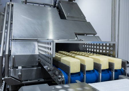 Mozzarella cheese factory. Scenes in a mozzarella cheese industry - industrial complex.