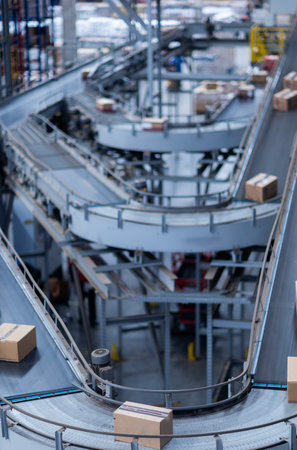 View of modern conveyor belts transporting boxes in a large warehouse ready for delivery