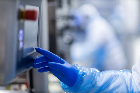 View of a uniformed man inside a factory working on a machine. Human hand with blue plastic gloves touching machine.の写真素材