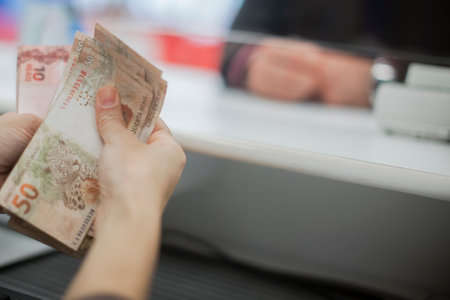 Human hand of businessman working in exchange office / bank. He is counting money and giving cash money to a customer. Brazilian Reais 50 reais bills.の写真素材