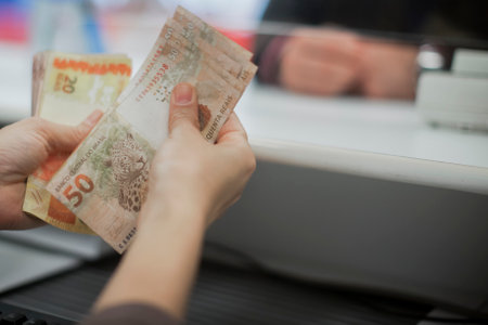 Human hand of businessman working in exchange office/bank. He is counting money and giving cash money to a customer.の写真素材
