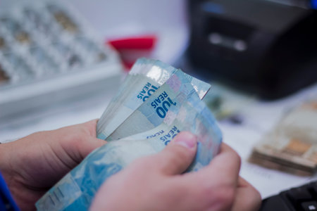 Human hand of businessman working in exchange office / bank. He is counting money and giving cash money to a customer. Brazilian Reais 100 reais bills.の写真素材