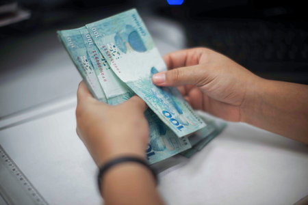 Human hand of businessman working in exchange office / bank. He is counting money and giving cash...