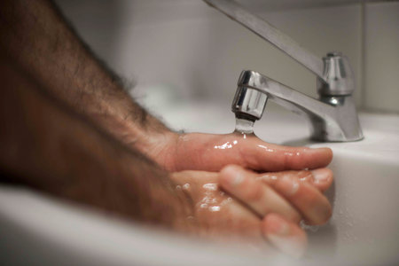 Close up of human hand washing hand on sink.の写真素材