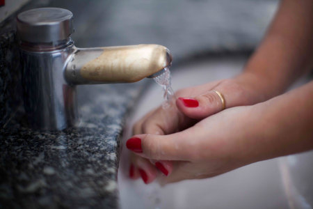Close up of human hand washing hand on sink.の写真素材