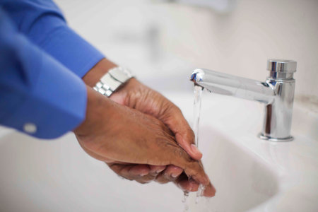 Close up of human hand washing hand on sink.の写真素材