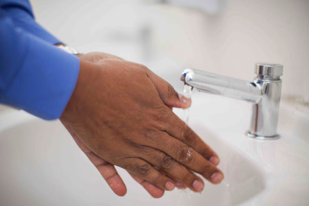 Close up of human hand washing hand on sink.の写真素材