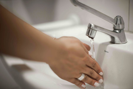 Close up of human hand washing hand on sink.