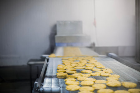 Breaded chicken production line in food factory automated conveyor belt system in industrial food processing plantの写真素材