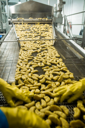 Breaded chicken production line in food factory automated conveyor belt system in industrial food processing plantの写真素材