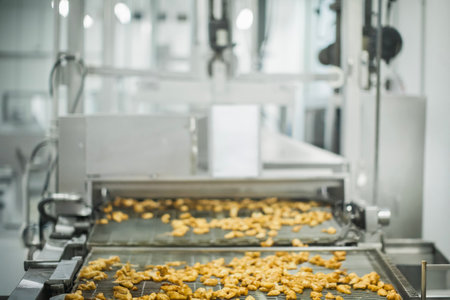 Breaded chicken production line in food factory automated conveyor belt system in industrial food...
