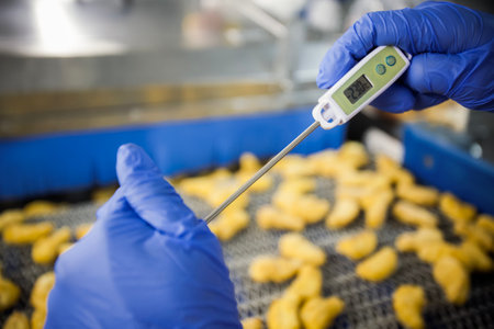 Breaded chicken production line in food factory automated conveyor belt system in industrial food...