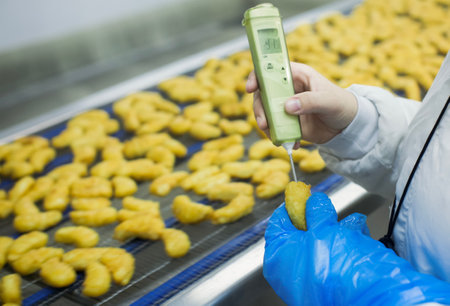 Breaded chicken production line in food factory automated conveyor belt system in industrial food...
