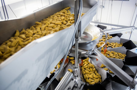Breaded chicken production line in food factory automated conveyor belt system in industrial food processing plantの写真素材