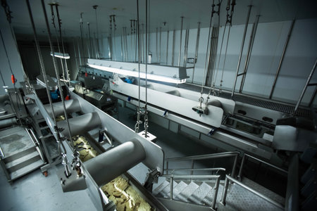 Breaded chicken production line in food factory automated conveyor belt system in industrial food...