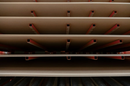 Large stacks of wood panels or MDF sheets arranged inside an industrial production facility. The...