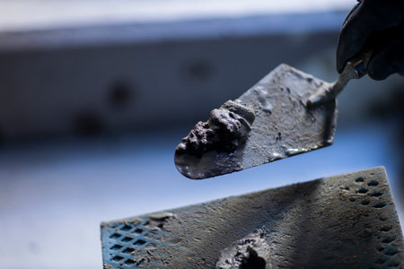 Close-up of a construction trowel holding fresh cement mortar. The image focuses on building materials and manual construction work.の写真素材
