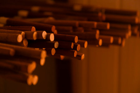 Violin bow Thin wooden sticks organized on a workbench for handcrafted production.の写真素材