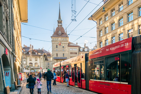 BERN, SWITZERLAND - December 26, 2016 - Cityscape old town of Bern, capital of Switzerland with TRAM, Transportation in the cityのeditorial素材