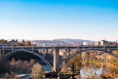 Beautiful aerial view of the old town and Kirchenfeld Bridge in Bern city Switzerland during winter timeの写真素材