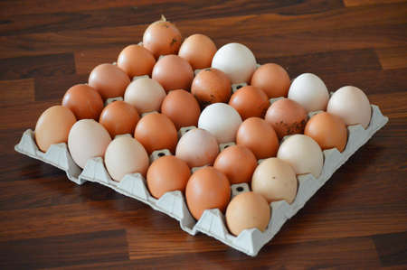 Whole plate full of eggs of different colors on wooden background