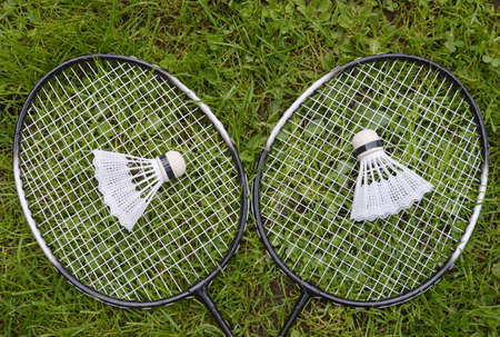 Badminton equipment including rackets and shuttlecocksの写真素材