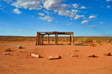 Remains of an old, wooden house somewhere in the desert in utahの写真素材