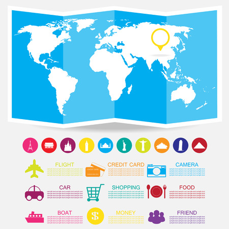 travel map background and landmark iconsのイラスト素材