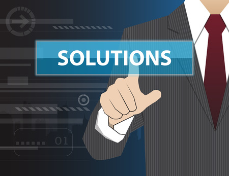 Businessman working with modern virtual technology, hand touching SOLUTIONSのイラスト素材