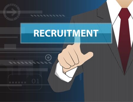 Businessman working with modern virtual technology, hand touching RECRUITMENTのイラスト素材