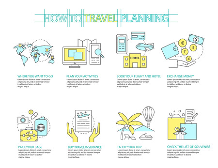 Set of Flat line icon & infographic design concept Planning travelのイラスト素材