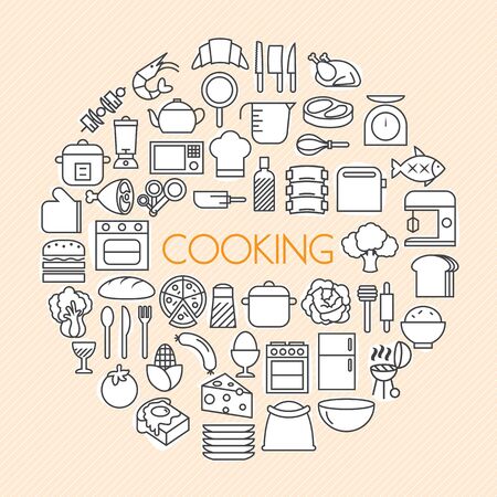 Kitchen and Cooking Foods background outline icons setのイラスト素材