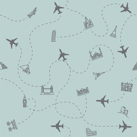 Airplane Travel and tourism locations Landmark background, card print, seamless.のイラスト素材
