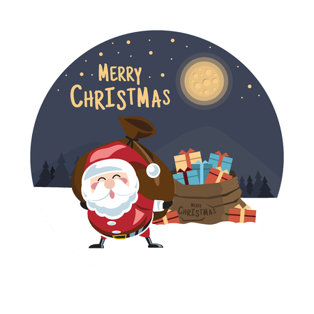 Merry Christmas background,Santa Claus carrying sack full of giftsのイラスト素材