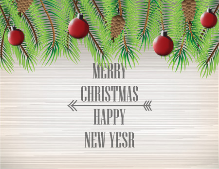 Christmas wooden background with fir branches And a red ball for decoration . Vector illustrationのイラスト素材