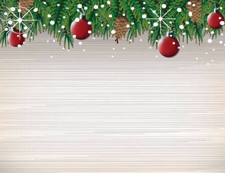 Christmas wooden background with fir branches And a red ball for decoration . Vector illustrationのイラスト素材