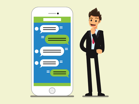 Messaging service }Businessman stand near  smartphone ,. Business concept cartoon illustrationのイラスト素材
