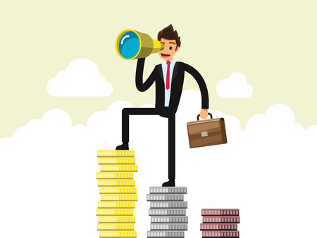 Vision and Growth concept. Businessman looks through a telescope Stand on the pile of money. Business concept cartoon illustrationのイラスト素材