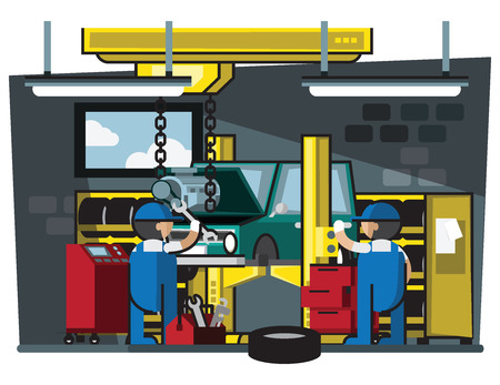 Auto mechanic,Car Mechanic Repairing Under Automobile In the garageのイラスト素材