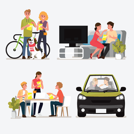 Group People Meeting and Dating for eat snacks set .Vector illustration cartoon character.のイラスト素材