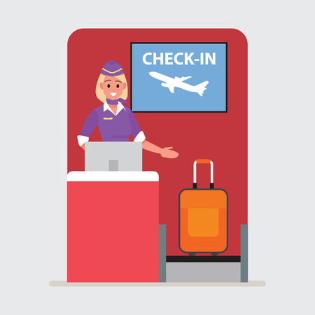 international airport check-in desk with airline representatives.Vector illustration cartoon character.のイラスト素材