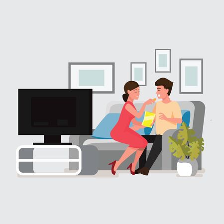 Young Couple eating snack. Man and woman sit on against the TV in the home atmosphere.Vector illustration cartoon character.のイラスト素材